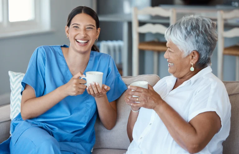 nurse and patient happy at assisted living in Lake Forest
